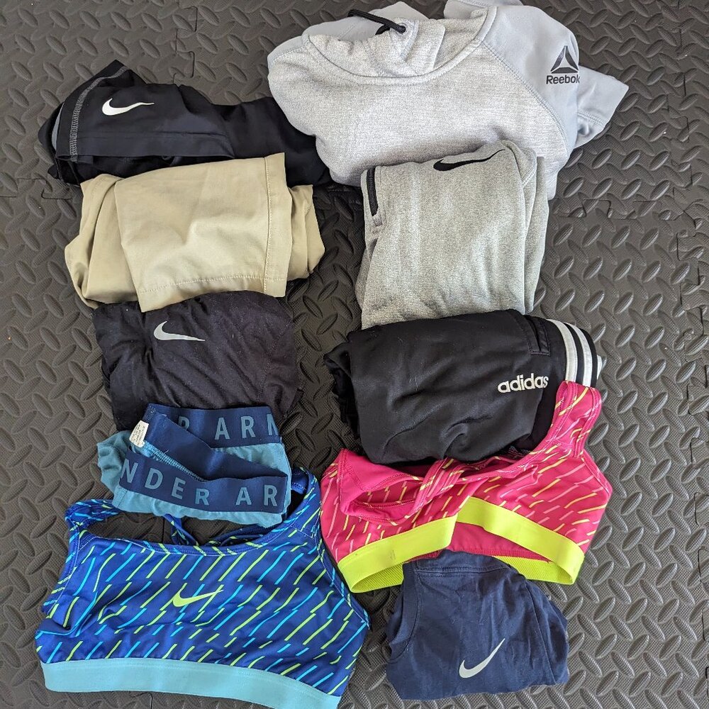 Lot of Activewear Shirts, Pants, Sports Bras Nike Reebok Under Armour 10 Piece